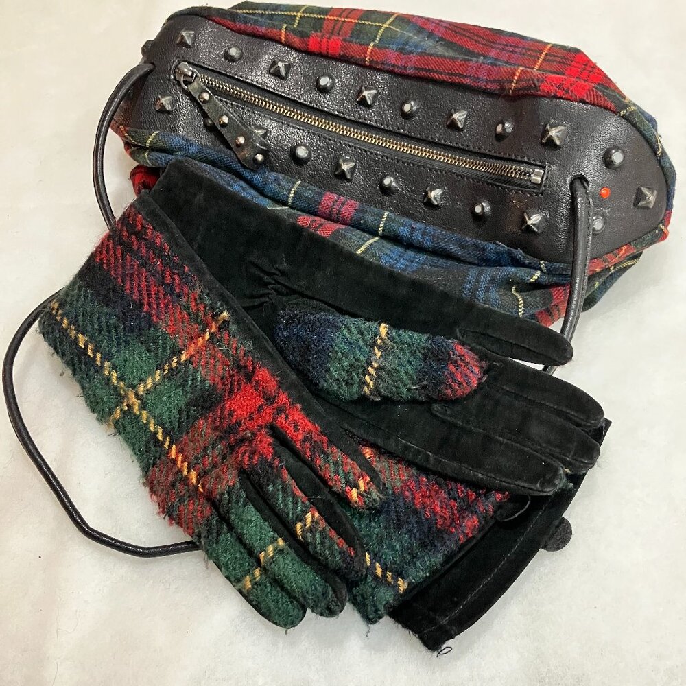 HUGO BOSS Plaid Wool & Leather CROSSBODY Bag & Matching Gloves Set - Size 7.5